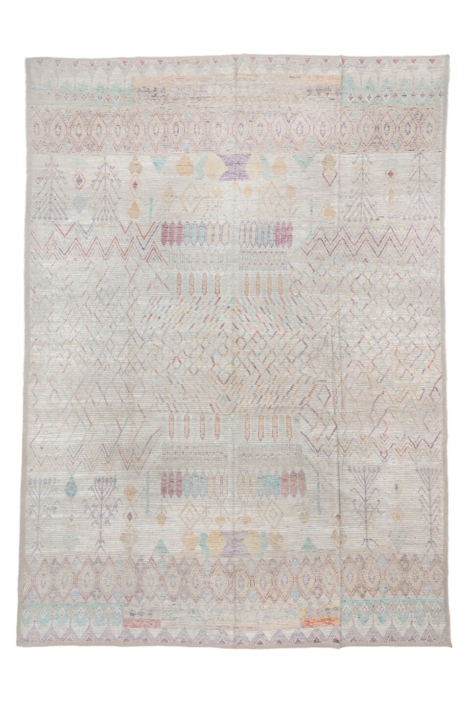 13' x 19' one-of-a-kind handmade vintage Tulu oversize rug. Color palette: brown, dark gray, gainsboro, gray, light blue