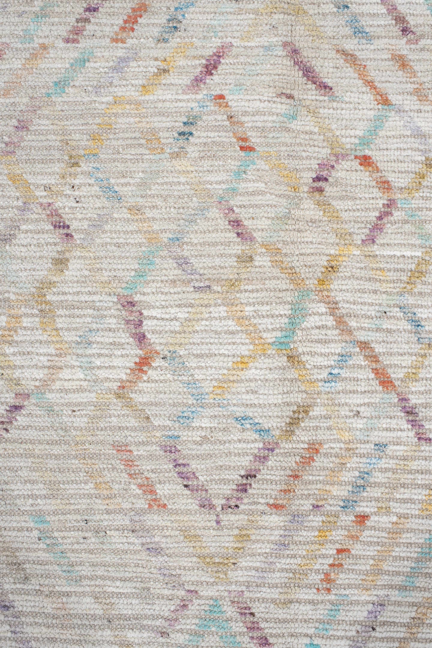 13' x 19' one-of-a-kind handmade vintage Tulu oversize rug. Color palette: ivory, lavender, aqua, blush, pale gold, taupe