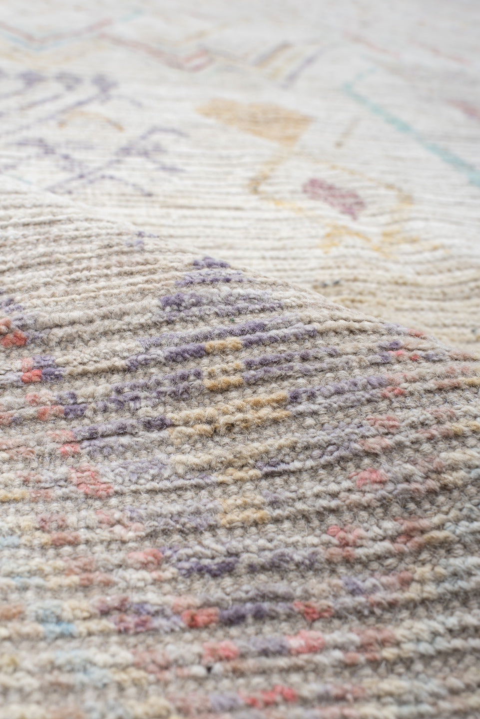 13' x 19' one-of-a-kind handmade vintage Tulu oversize rug. Color palette: ivory, lavender, aqua, blush, pale gold, taupe