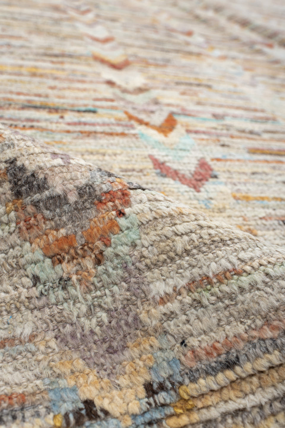 13' x 19' one-of-a-kind handmade vintage Tulu oversize rug. Color palette: ivory, cream, taupe, peach, sky_blue, charcoal