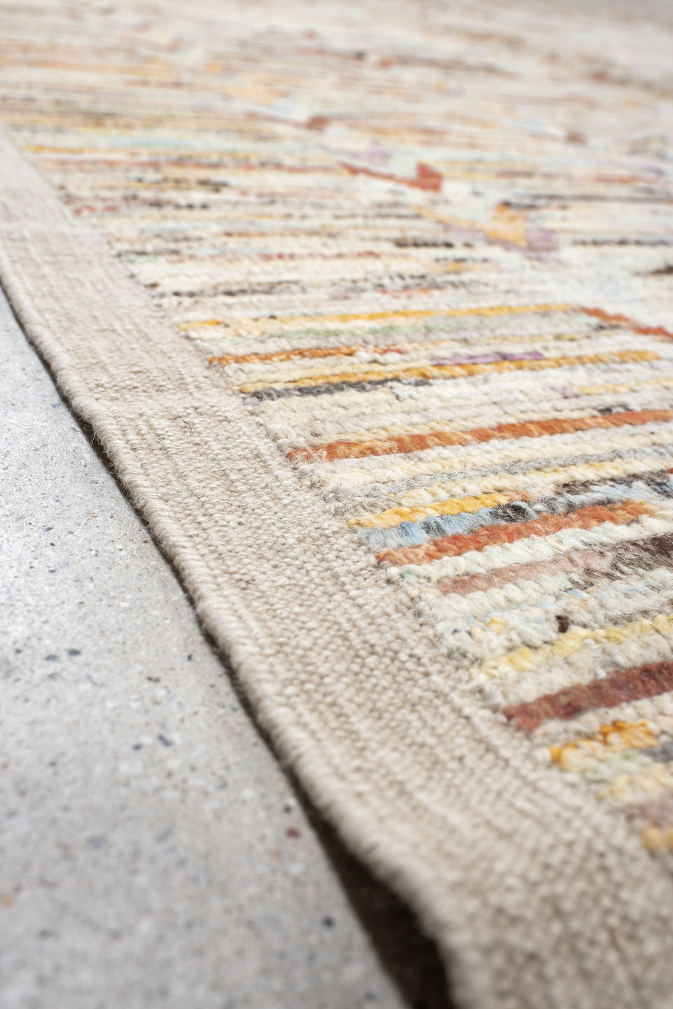 13' x 19' one-of-a-kind handmade vintage Tulu oversize rug. Color palette: ivory, cream, taupe, peach, sky_blue, charcoal