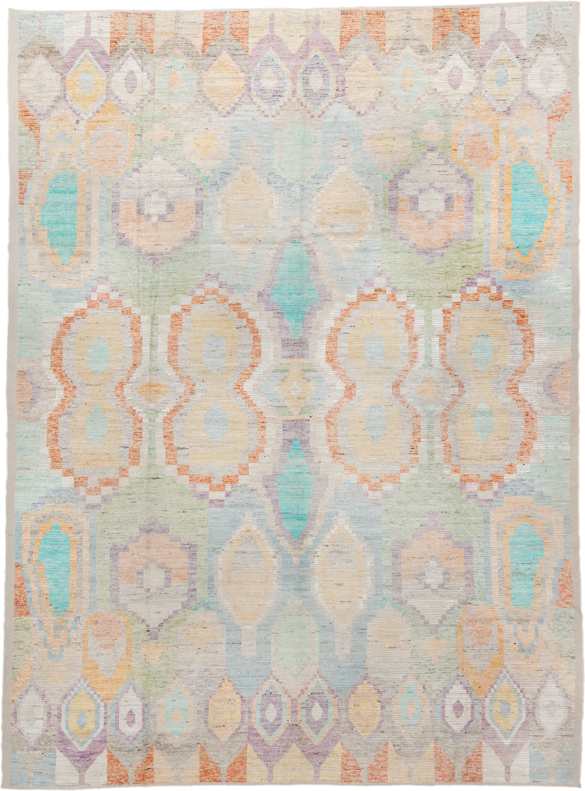 13' x 17' one-of-a-kind handmade vintage Tulu oversize rug. Color palette: ivory, aqua, lavender, pale_gold, coral, sage