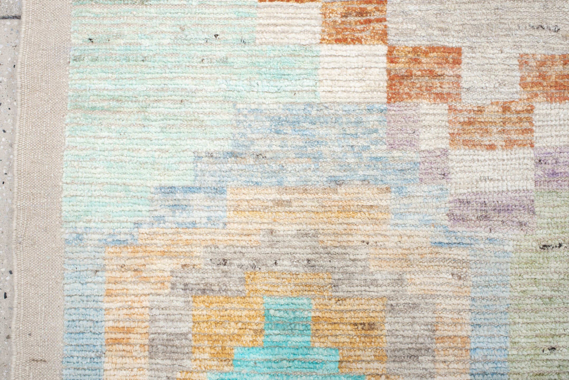 13' x 17' one-of-a-kind handmade vintage Tulu oversize rug. Color palette: ivory, aqua, lavender, pale_gold, coral, sage