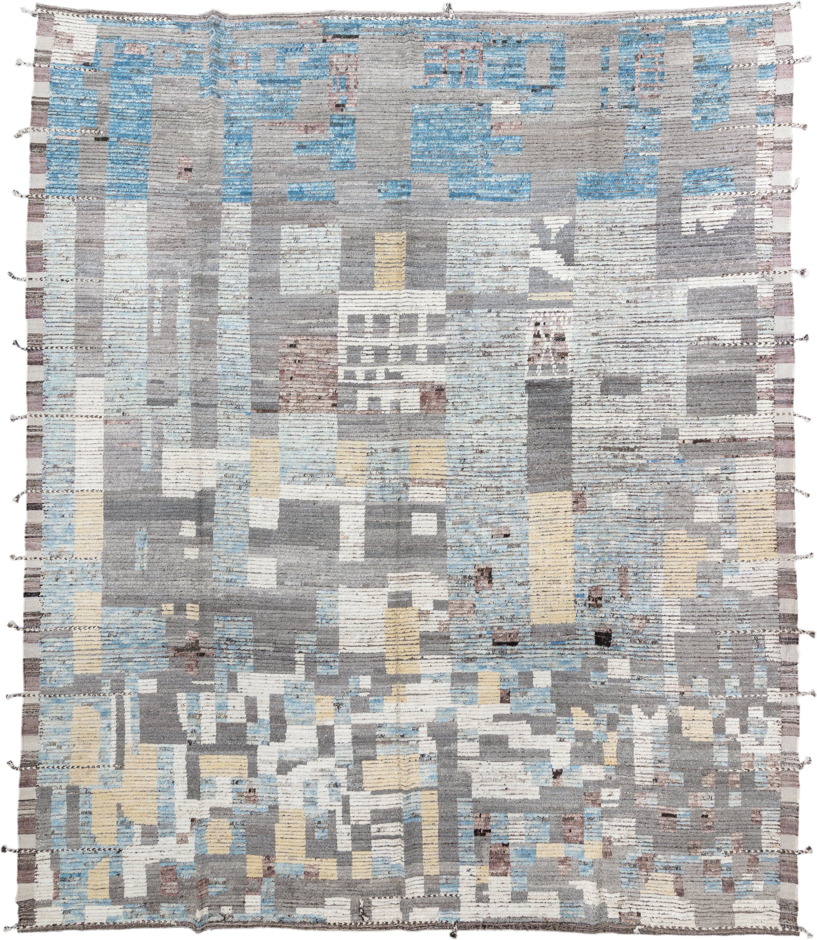 13' x 16' one-of-a-kind handmade vintage Tulu oversize rug. Color palette: gray, ivory, sky blue, cream, taupe, pale gold