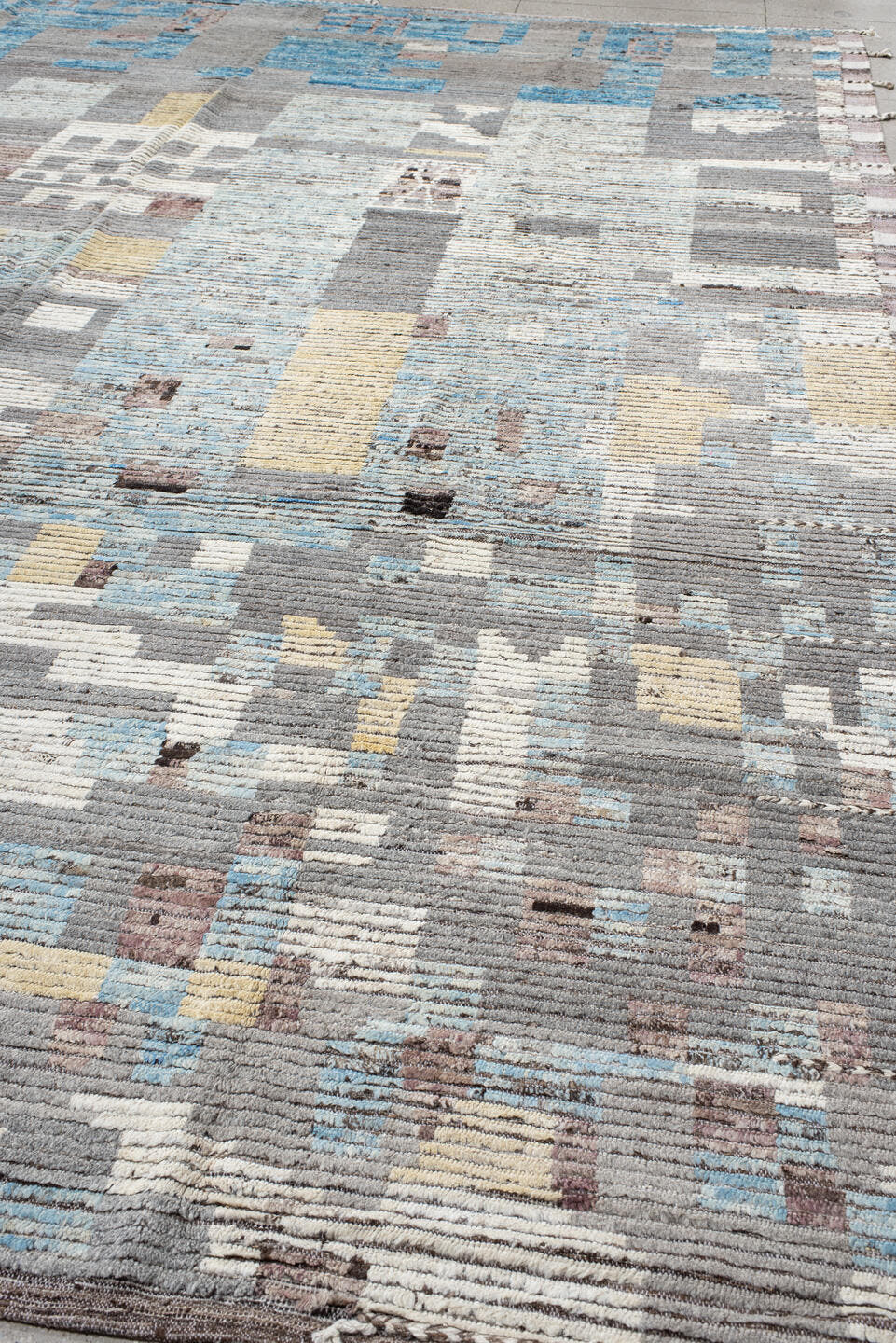 13' x 16' one-of-a-kind handmade vintage Tulu oversize rug. Color palette: gray, ivory, sky blue, cream, taupe, pale gold