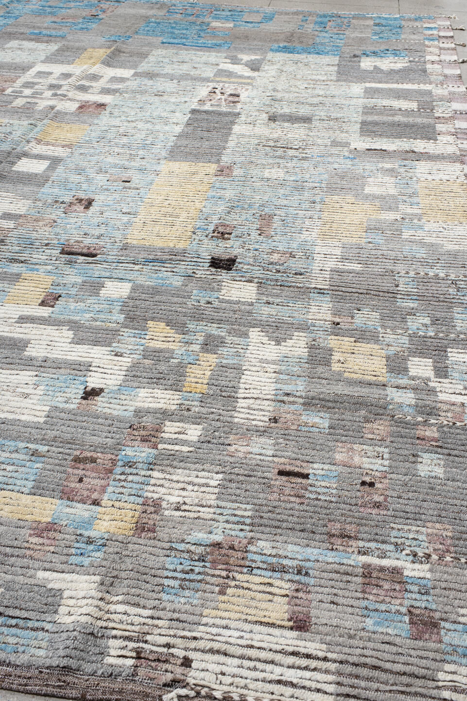 13' x 16' one-of-a-kind handmade vintage Tulu oversize rug. Color palette: dark gray, dim gray, gainsboro, gray, light blue