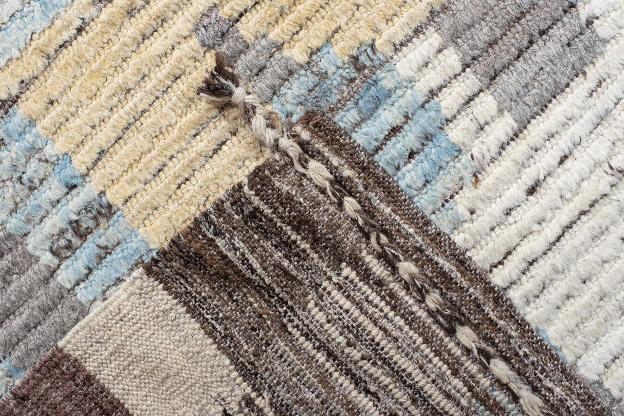 13' x 16' one-of-a-kind handmade vintage Tulu oversize rug. Color palette: gray, ivory, sky blue, cream, taupe, pale gold
