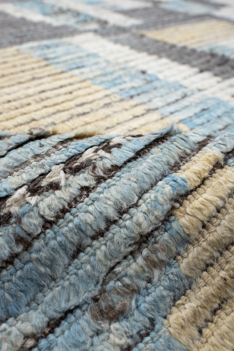 13' x 16' one-of-a-kind handmade vintage Tulu oversize rug. Color palette: gray, ivory, sky blue, cream, taupe, pale gold