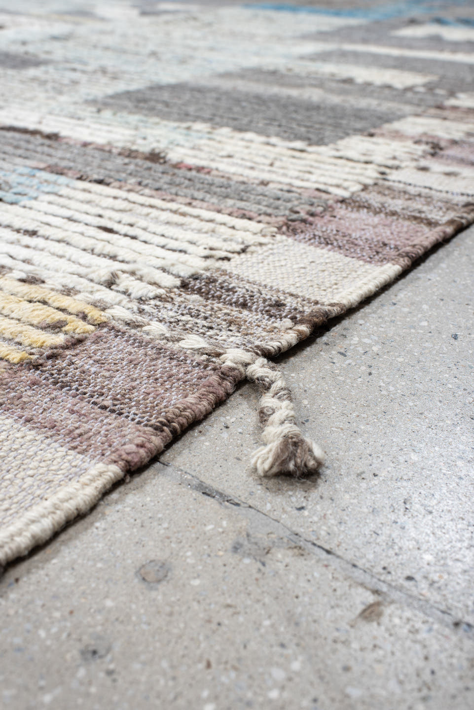 13' x 16' one-of-a-kind handmade vintage Tulu oversize rug. Color palette: gray, ivory, sky blue, cream, taupe, pale gold