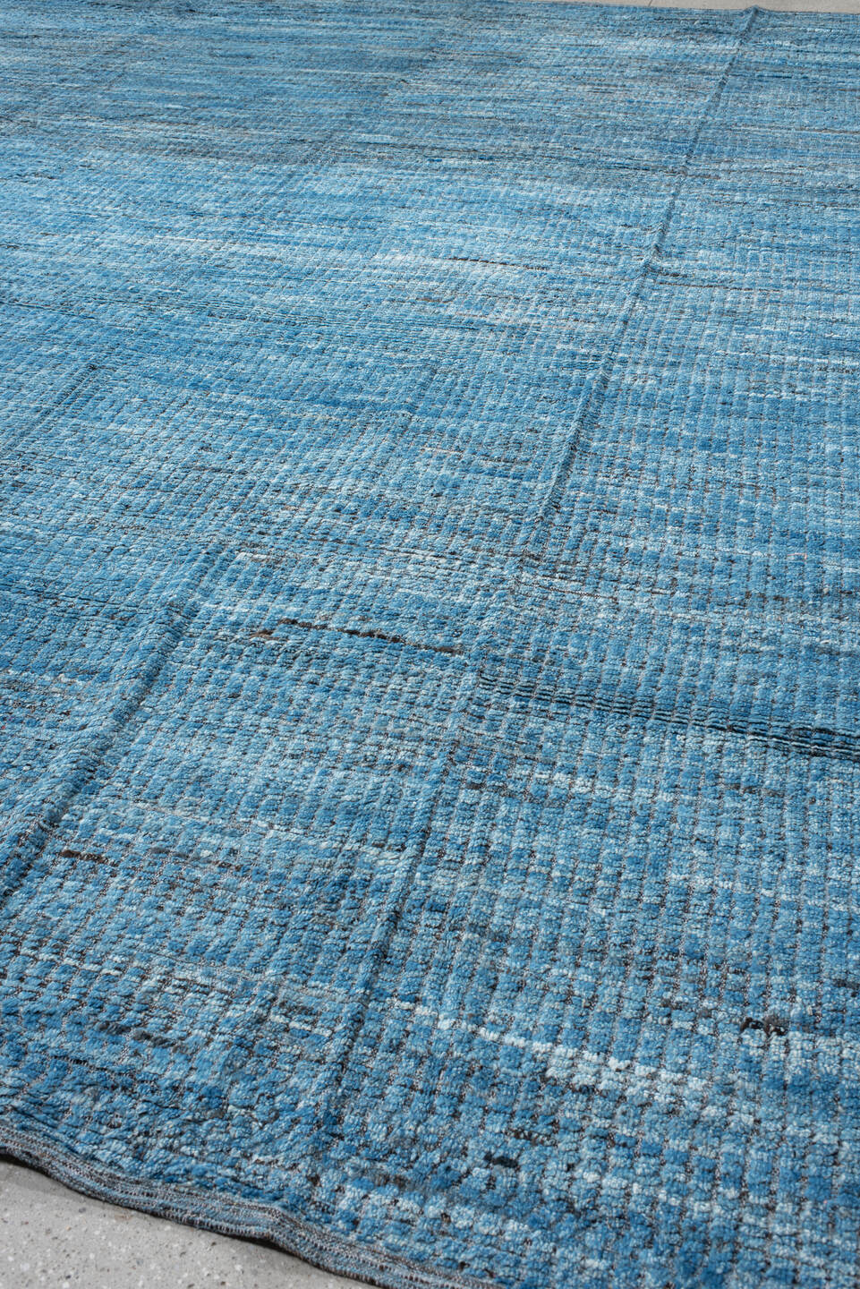 14' x 17' one-of-a-kind handmade vintage Tulu oversize rug. Color palette: sky blue, slate, charcoal, ivory, light blue