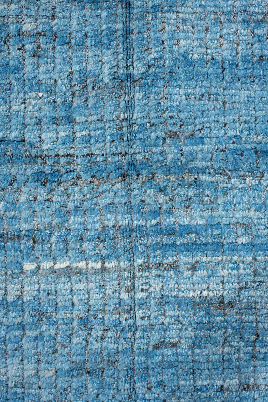 14' x 17' one-of-a-kind handmade vintage Tulu oversize rug. Color palette: sky blue, slate, charcoal, ivory, light blue