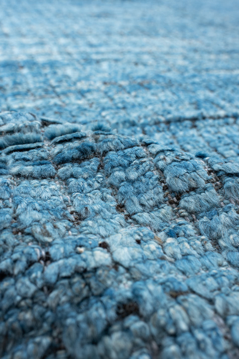 14' x 17' one-of-a-kind handmade vintage Tulu oversize rug. Color palette: sky blue, slate, charcoal, ivory, light blue