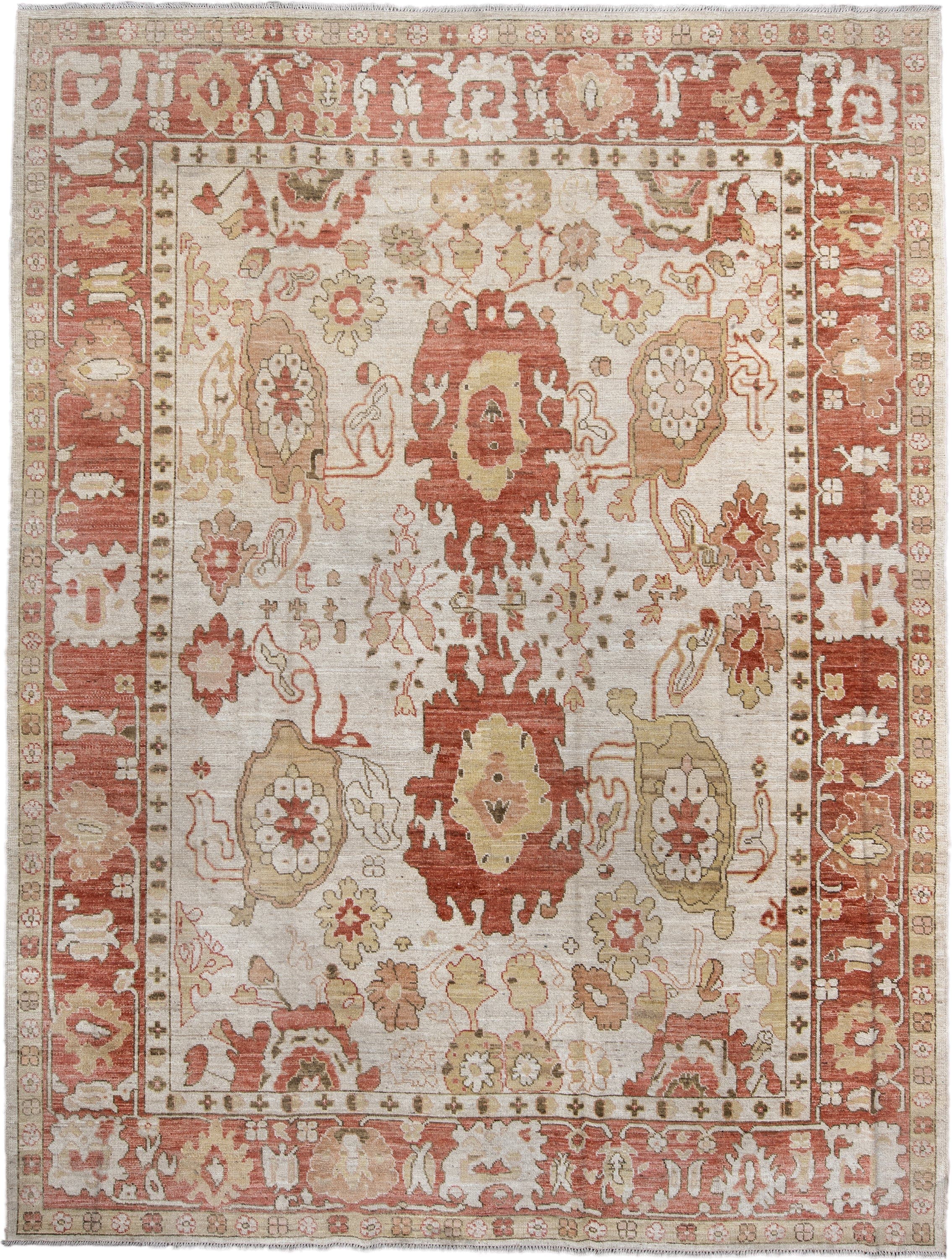 9' x 12' one-of-a-kind handmade vintage Oushak large size rug. Color palette: ivory, terra cotta, beige, sage, gold, taupe
