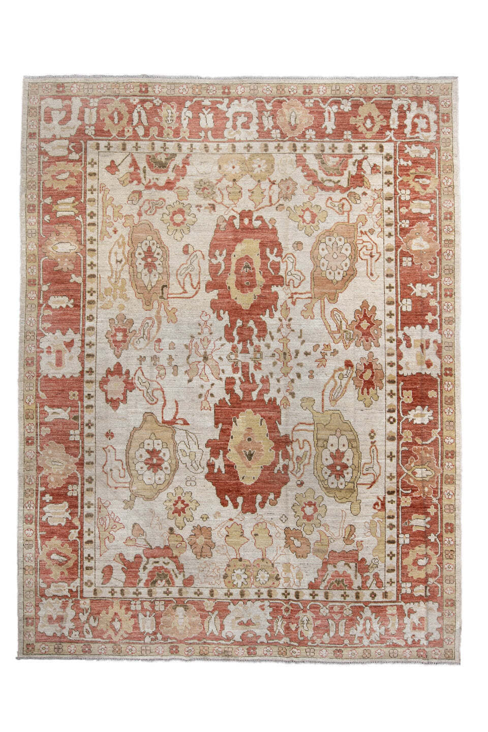 9' x 12' one-of-a-kind handmade vintage Oushak large size rug. Color palette: brown, gray, light gray, off-white, orange