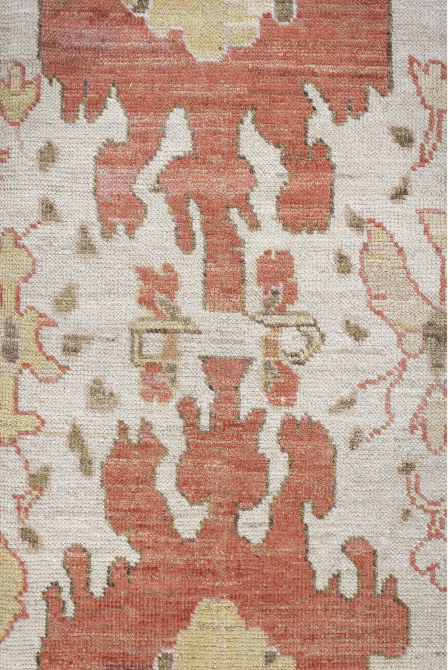 9' x 12' one-of-a-kind handmade vintage Oushak large size rug. Color palette: ivory, terra cotta, beige, sage, gold, taupe