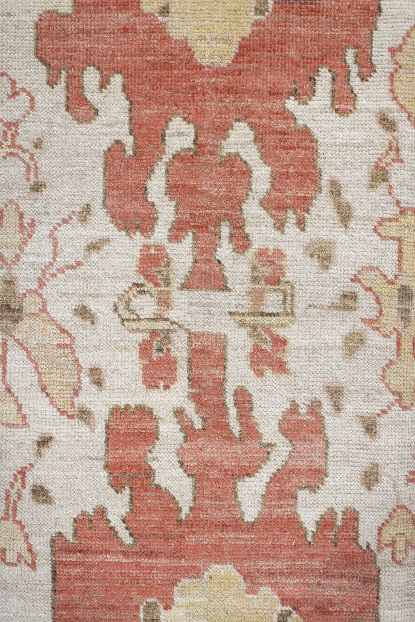 9' x 12' one-of-a-kind handmade vintage Oushak large size rug. Color palette: ivory, terra cotta, beige, sage, gold, taupe