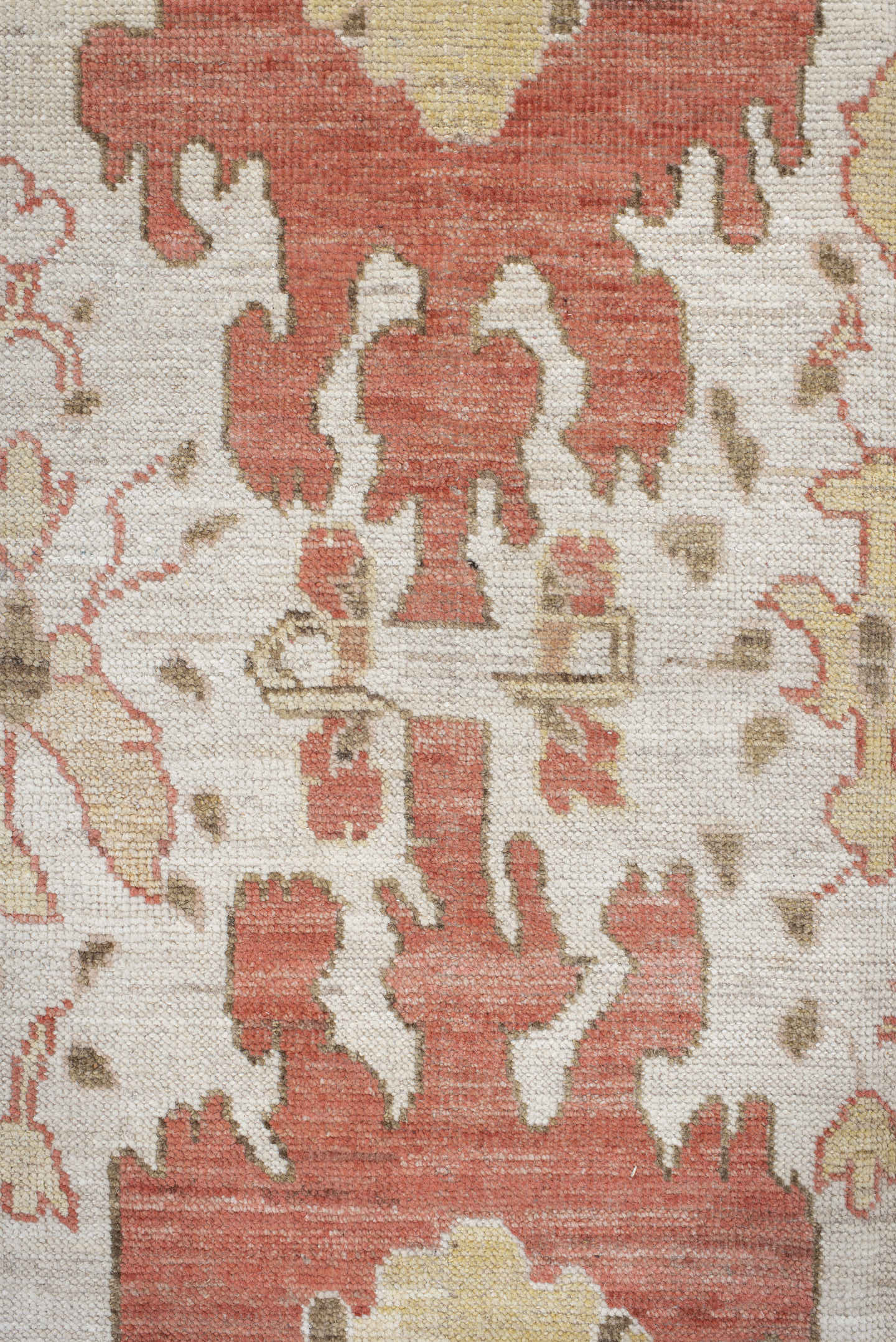 9' x 12' one-of-a-kind handmade vintage Oushak large size rug. Color palette: ivory, terra cotta, beige, sage, gold, taupe