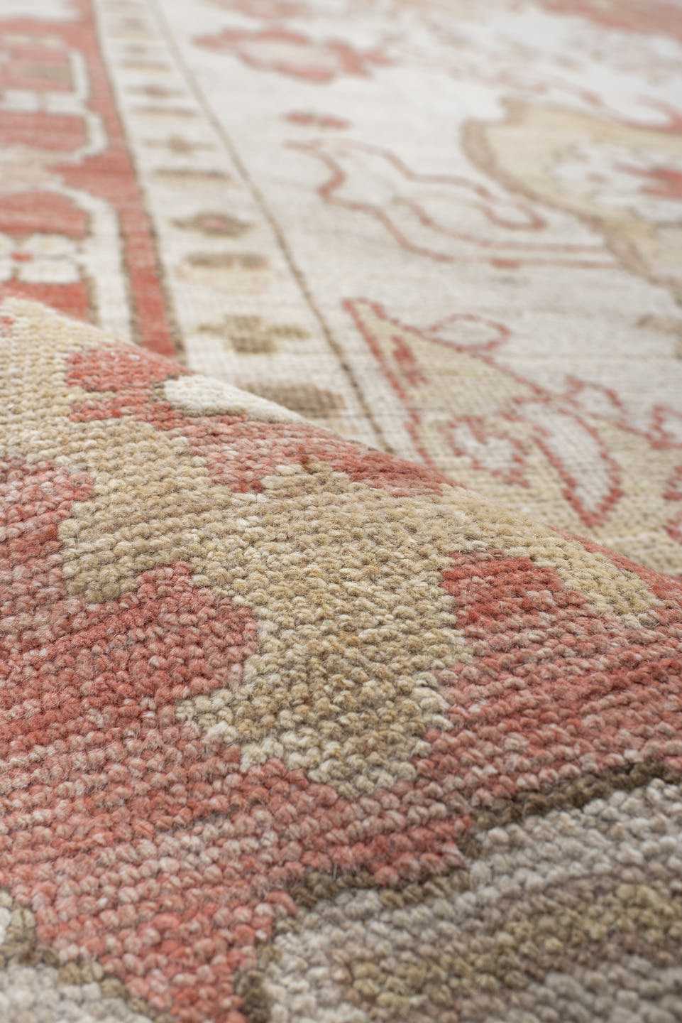 9' x 12' one-of-a-kind handmade vintage Oushak large size rug. Color palette: ivory, terra cotta, beige, sage, gold, taupe