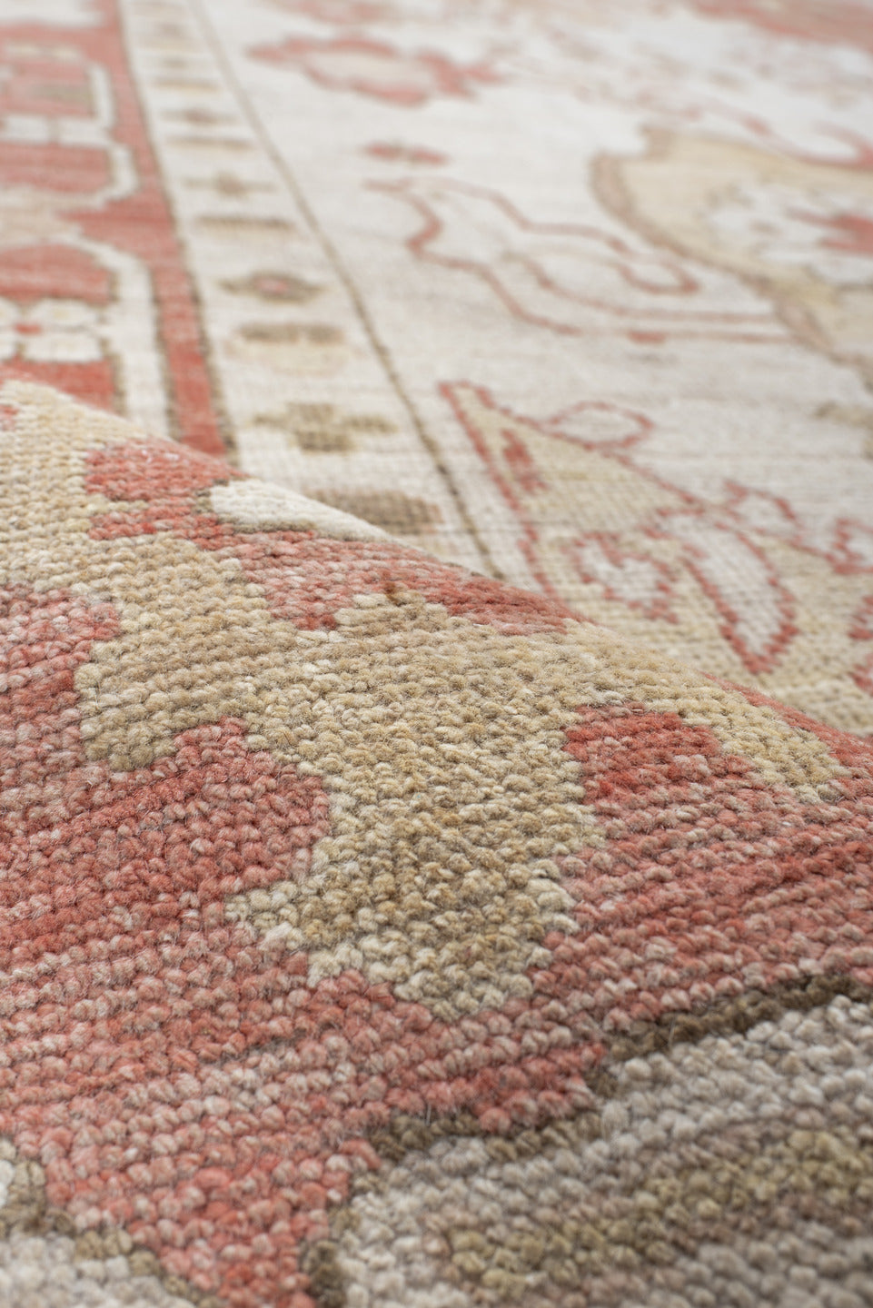 9' x 12' one-of-a-kind handmade vintage Oushak large size rug. Color palette: ivory, terra cotta, beige, sage, gold, taupe