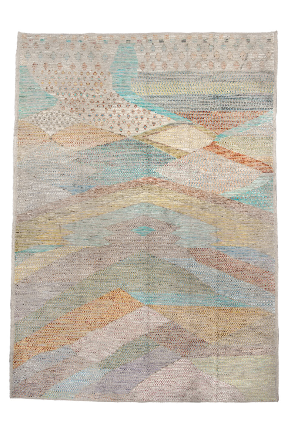 9' x 13' one-of-a-kind handmade vintage Tulu large size rug. Color palette: off-white, gray, light gray, orange, blue, green