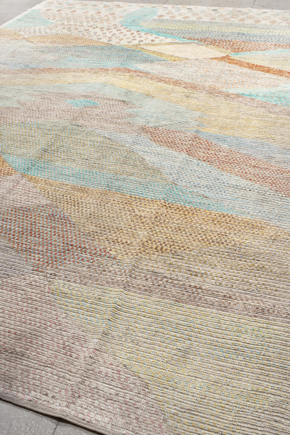 9' x 13' one-of-a-kind handmade vintage Tulu large size rug. Color palette: ivory, aqua, taupe, sand, pale_gold, terra_cotta