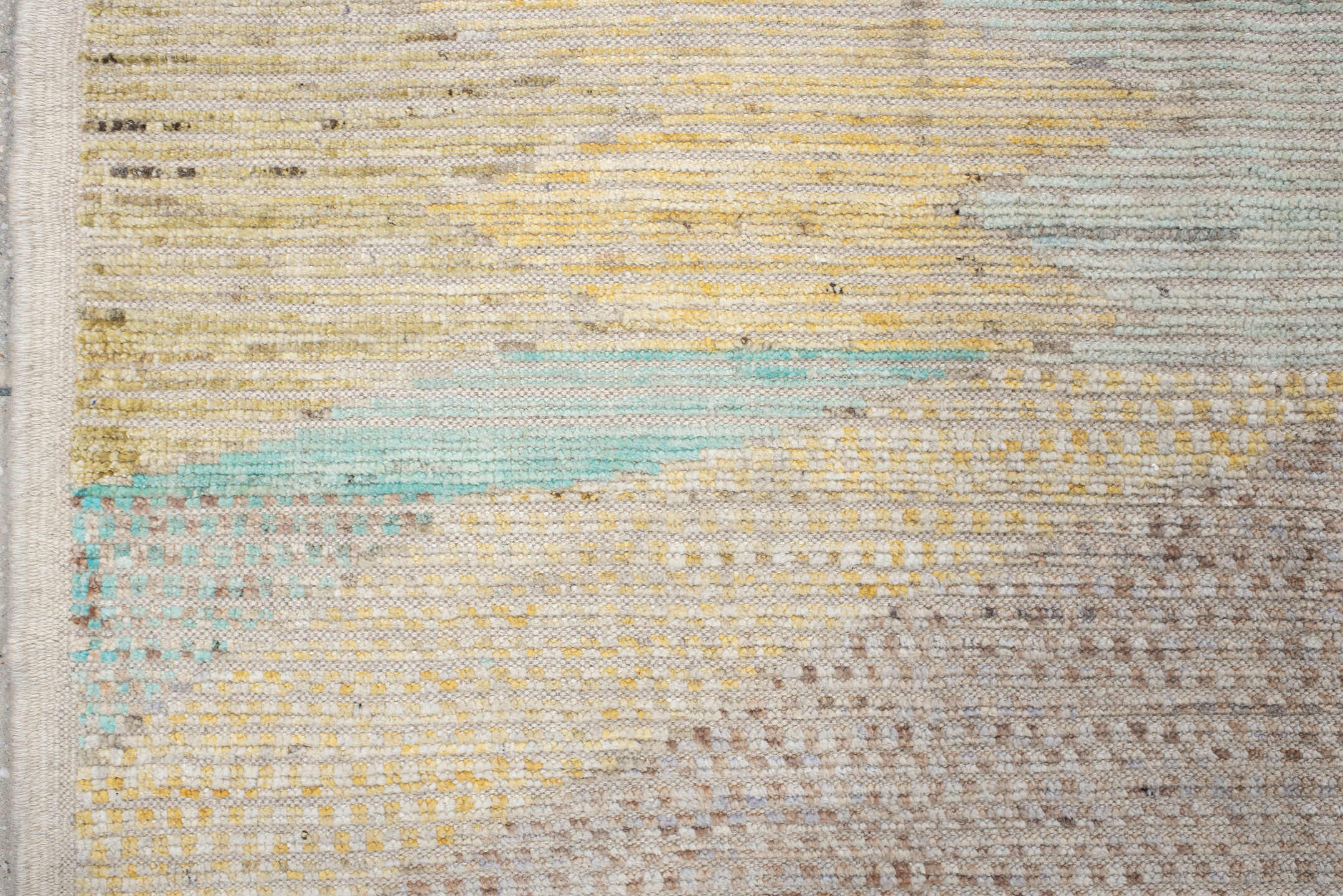 9' x 13' one-of-a-kind handmade vintage Tulu large size rug. Color palette: ivory, aqua, taupe, sand, pale_gold, terra_cotta