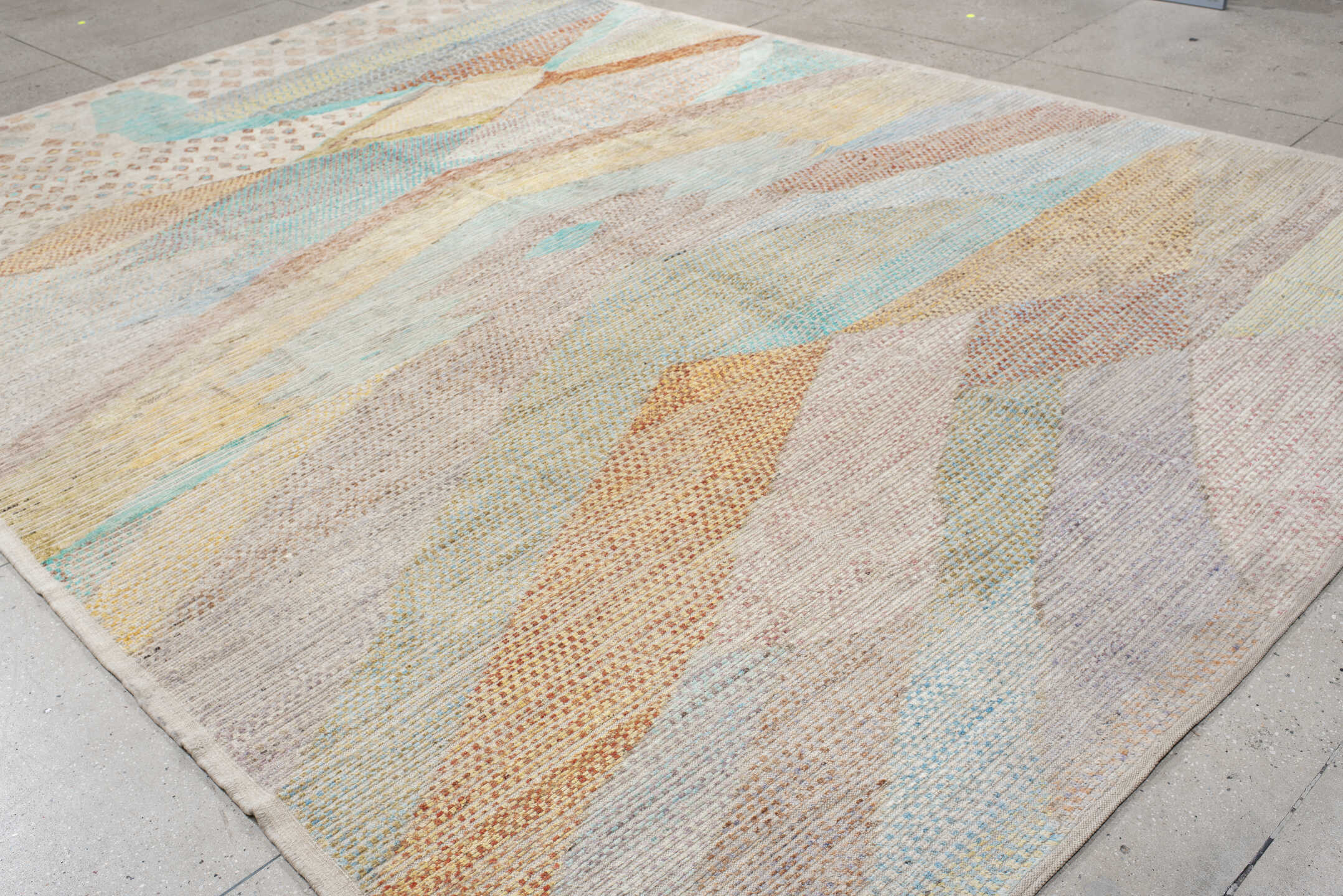 9' x 13' one-of-a-kind handmade vintage Tulu large size rug. Color palette: ivory, aqua, taupe, sand, pale_gold, terra_cotta