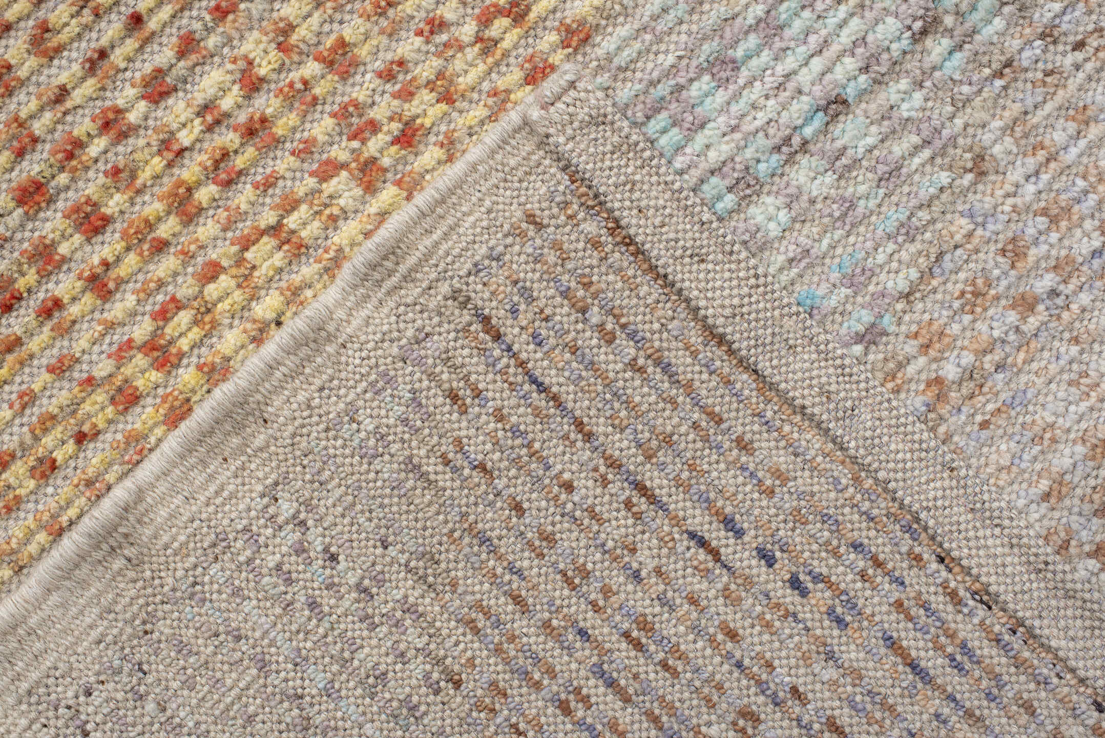 9' x 13' one-of-a-kind handmade vintage Tulu large size rug. Color palette: ivory, aqua, taupe, sand, pale_gold, terra_cotta