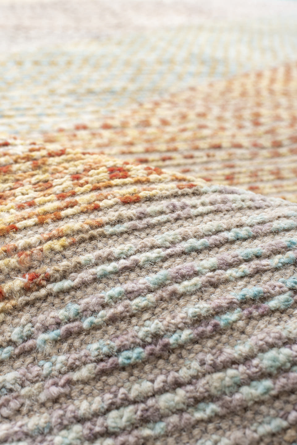 9' x 13' one-of-a-kind handmade vintage Tulu large size rug. Color palette: ivory, aqua, taupe, sand, pale_gold, terra_cotta