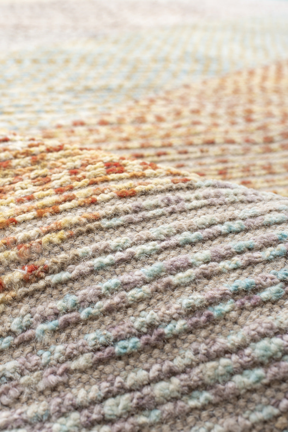 9' x 13' one-of-a-kind handmade vintage Tulu large size rug. Color palette: ivory, aqua, taupe, sand, pale_gold, terra_cotta