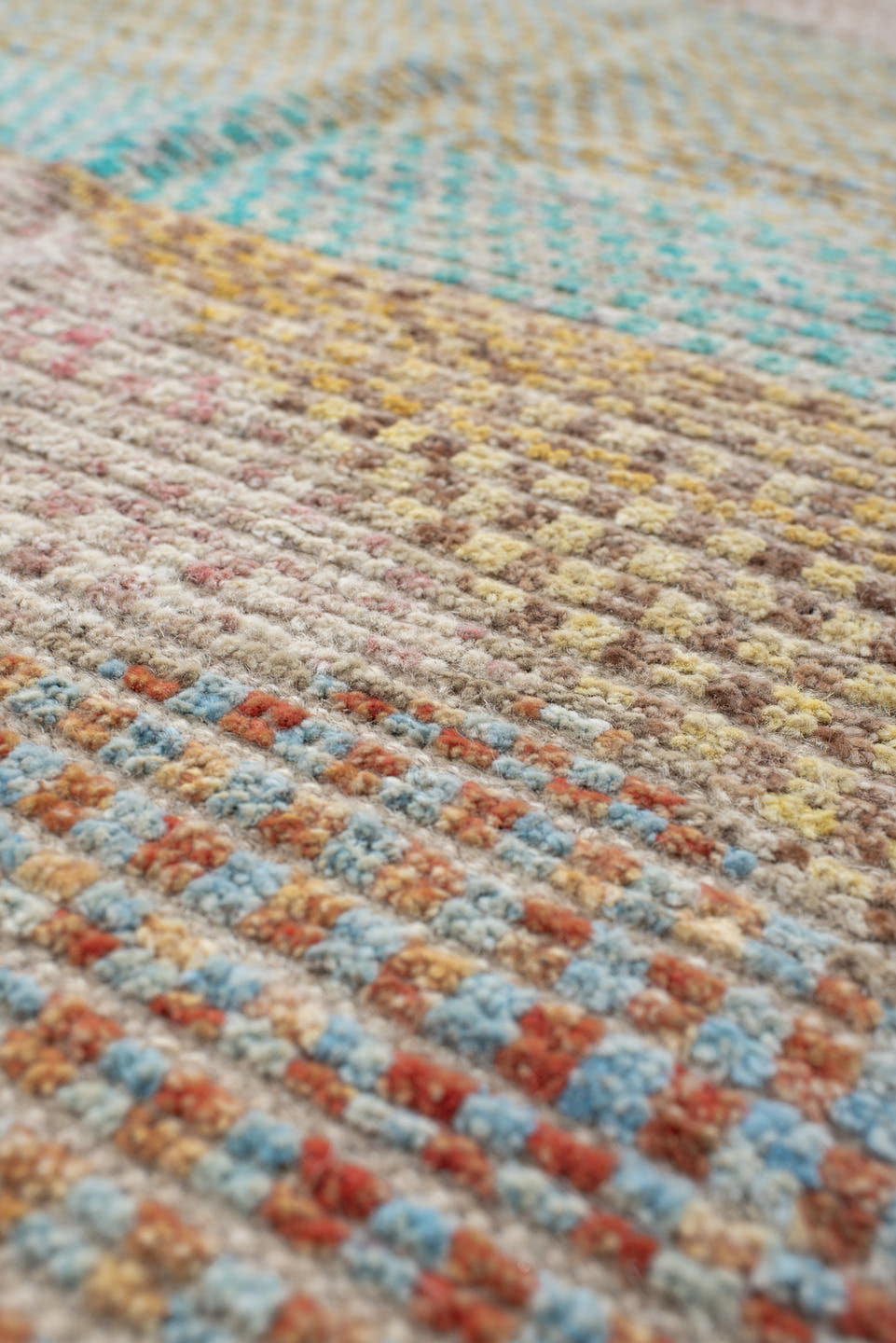9' x 13' one-of-a-kind handmade vintage Tulu large size rug. Color palette: ivory, aqua, taupe, sand, pale_gold, terra_cotta