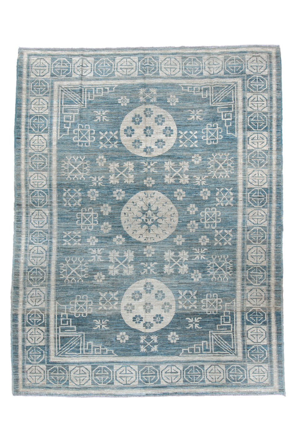 9' x 11' one-of-a-kind handmade vintage Oushak large size rug. Color palette: blue, dark gray, dim gray, gainsboro, gray