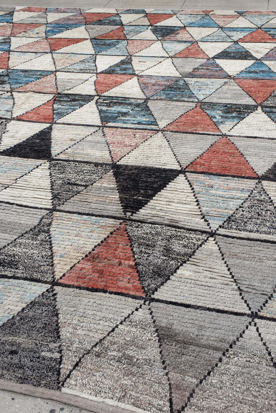 14' x 14' one-of-a-kind handmade vintage Tulu oversize rug. Color palette: ivory, gray, sky blue, coral, charcoal, slate
