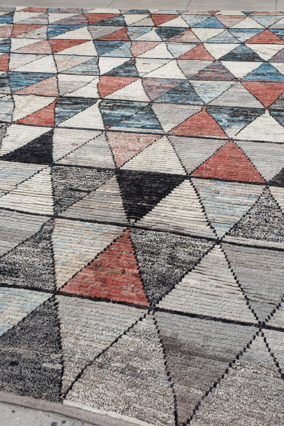14' x 14' one-of-a-kind handmade vintage Tulu oversize rug. Color palette: ivory, gray, sky blue, coral, charcoal, slate