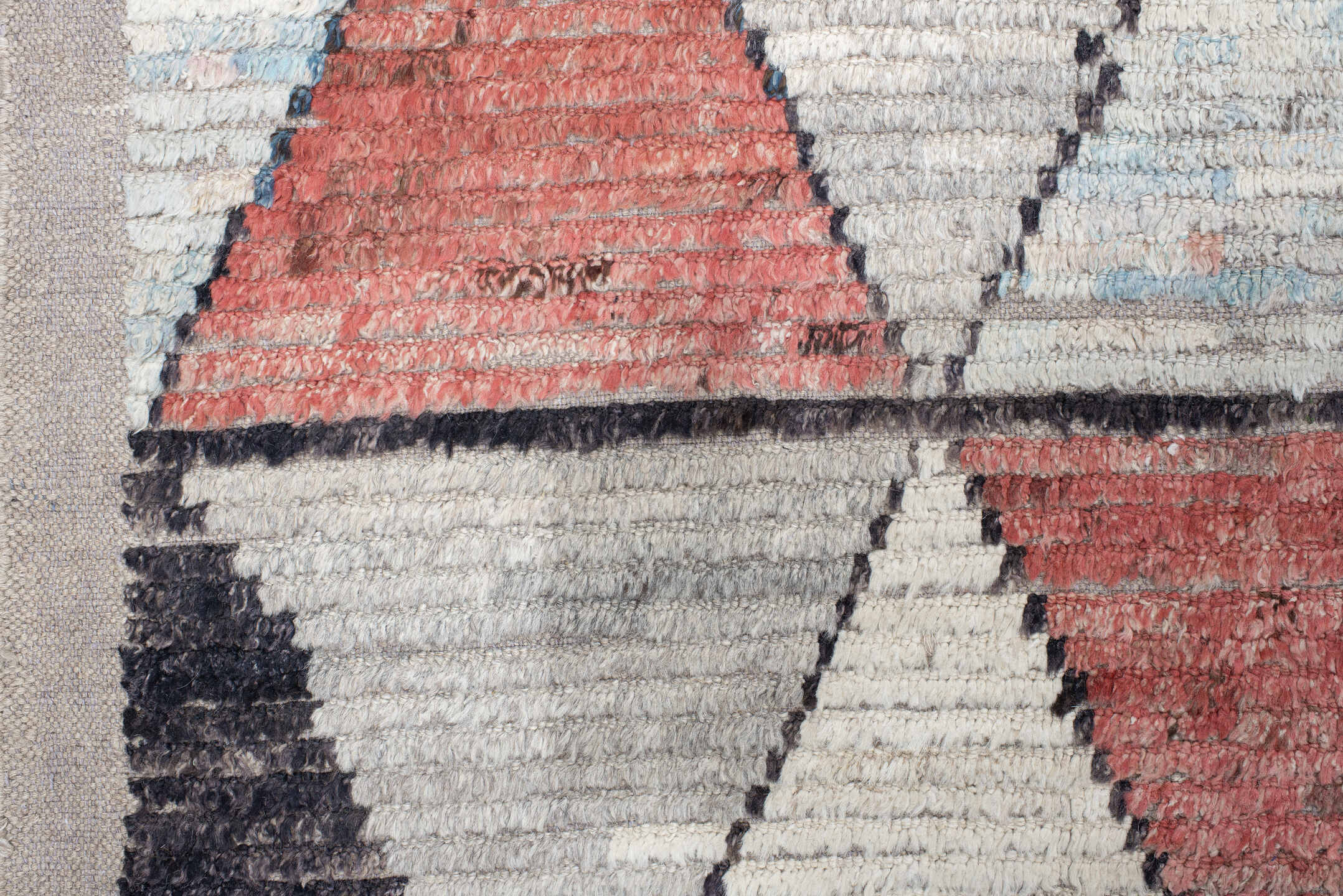 14' x 14' one-of-a-kind handmade vintage Tulu oversize rug. Color palette: ivory, gray, sky blue, coral, charcoal, slate