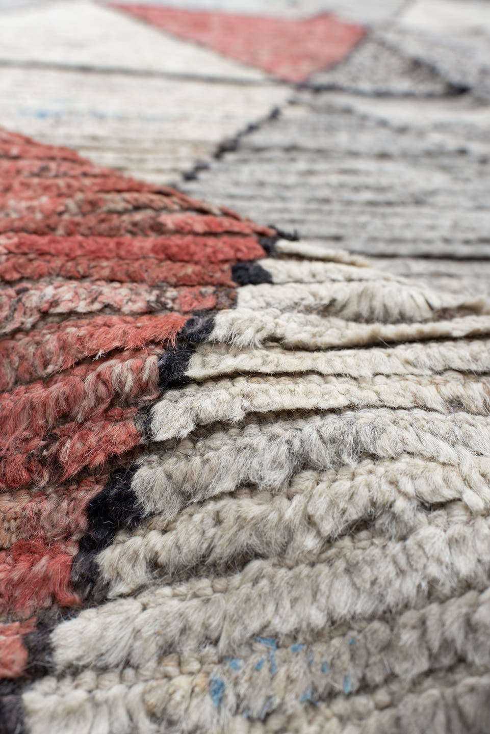 14' x 14' one-of-a-kind handmade vintage Tulu oversize rug. Color palette: ivory, gray, sky blue, coral, charcoal, slate