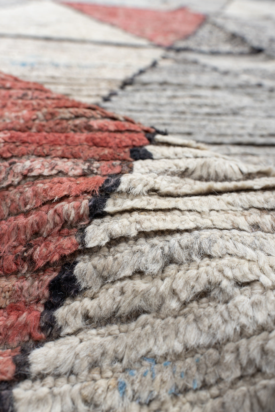 14' x 14' one-of-a-kind handmade vintage Tulu oversize rug. Color palette: ivory, gray, sky blue, coral, charcoal, slate