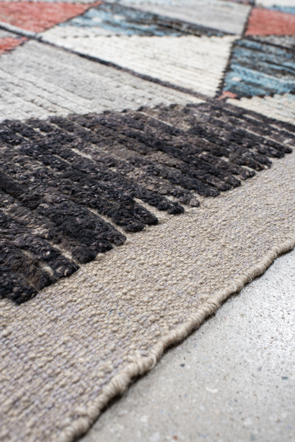14' x 14' one-of-a-kind handmade vintage Tulu oversize rug. Color palette: ivory, gray, sky blue, coral, charcoal, slate