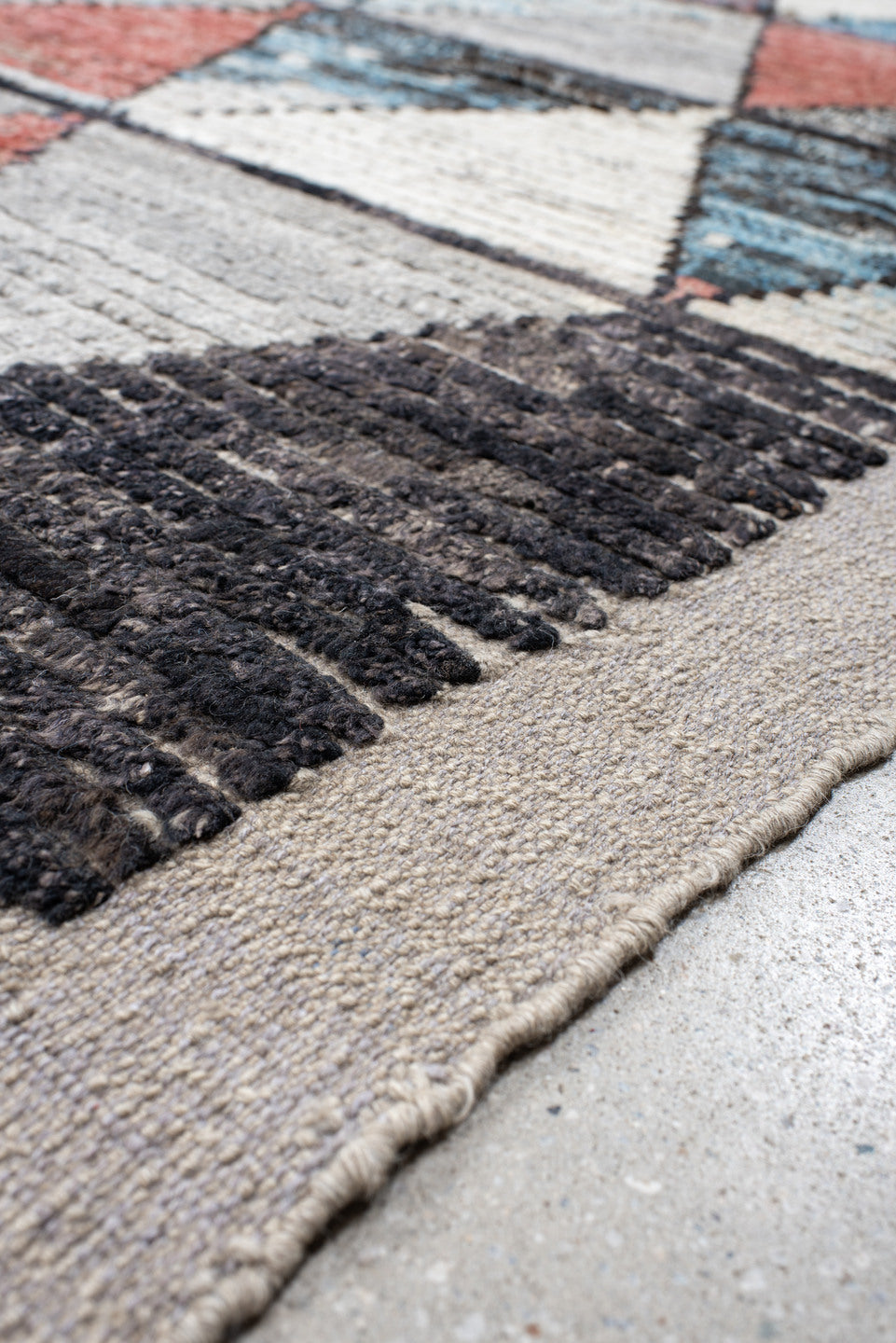 14' x 14' one-of-a-kind handmade vintage Tulu oversize rug. Color palette: black, blue, brown, dim gray, gainsboro, gray