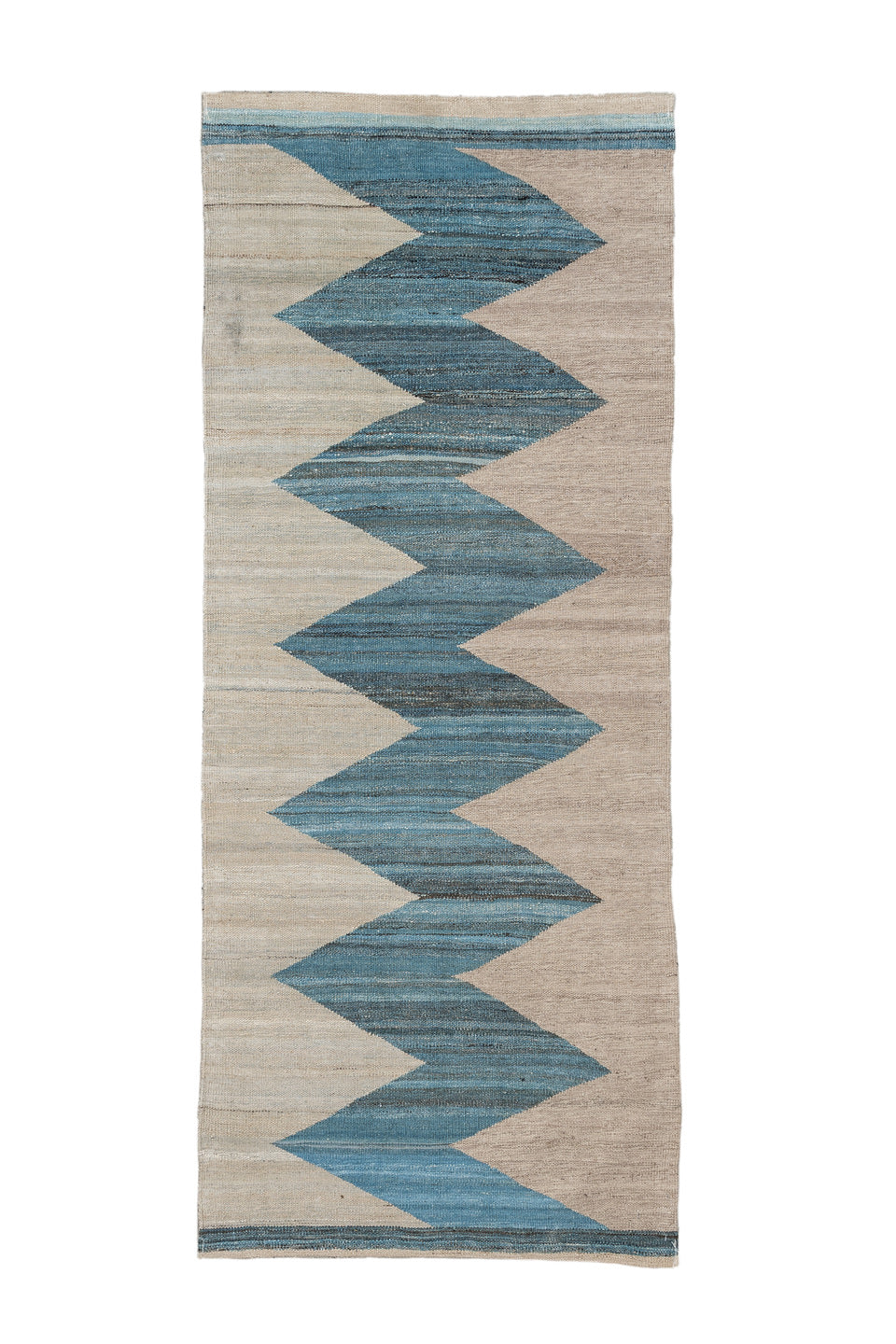 2' x 6' one-of-a-kind handmade vintage Kilim runner rug. Color palette: black, blue, gray, light blue, light gray, off-white