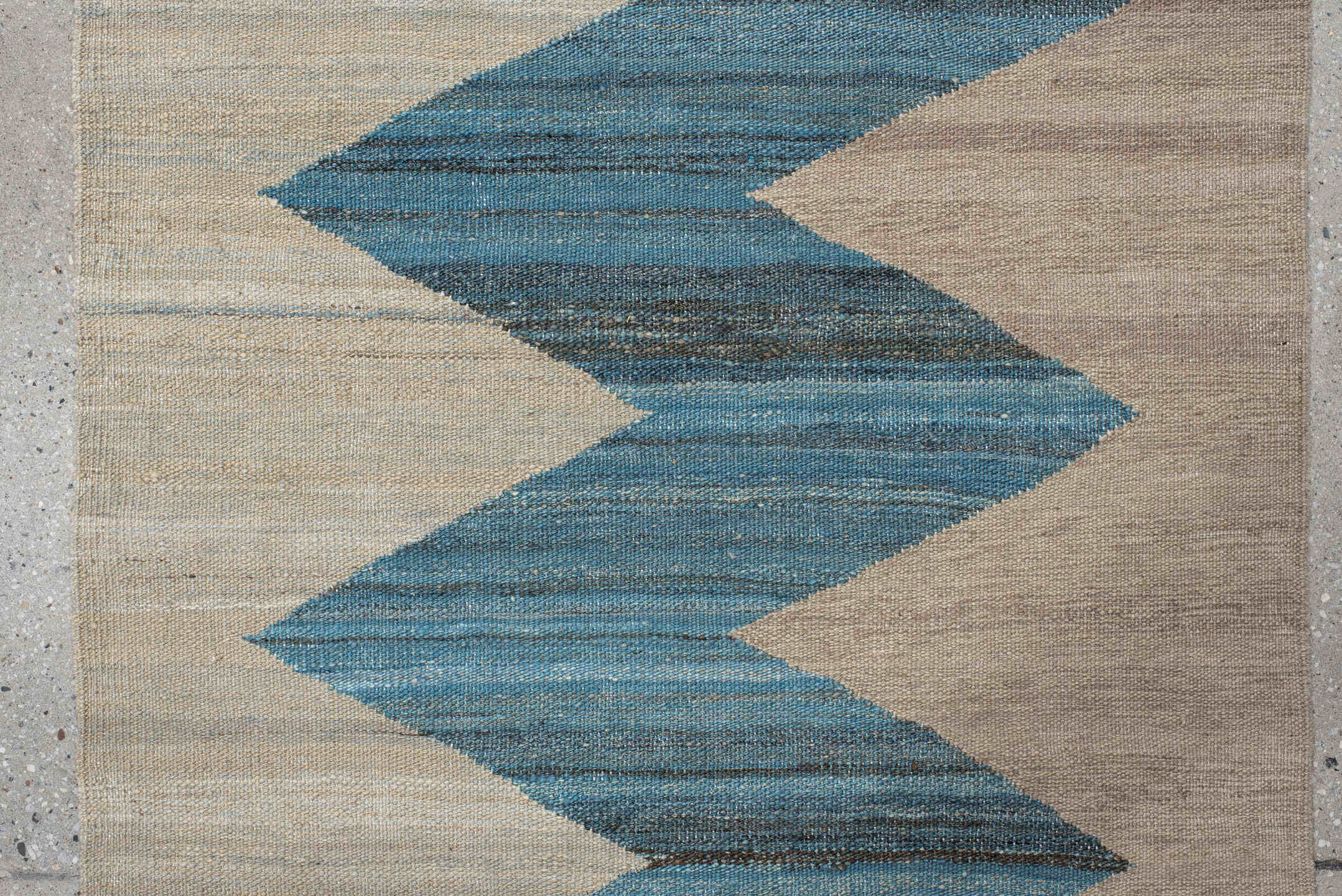 2' x 6' one-of-a-kind handmade vintage Kilim runner rug. Color palette: gray, light blue, light gray, blue, off-white, black