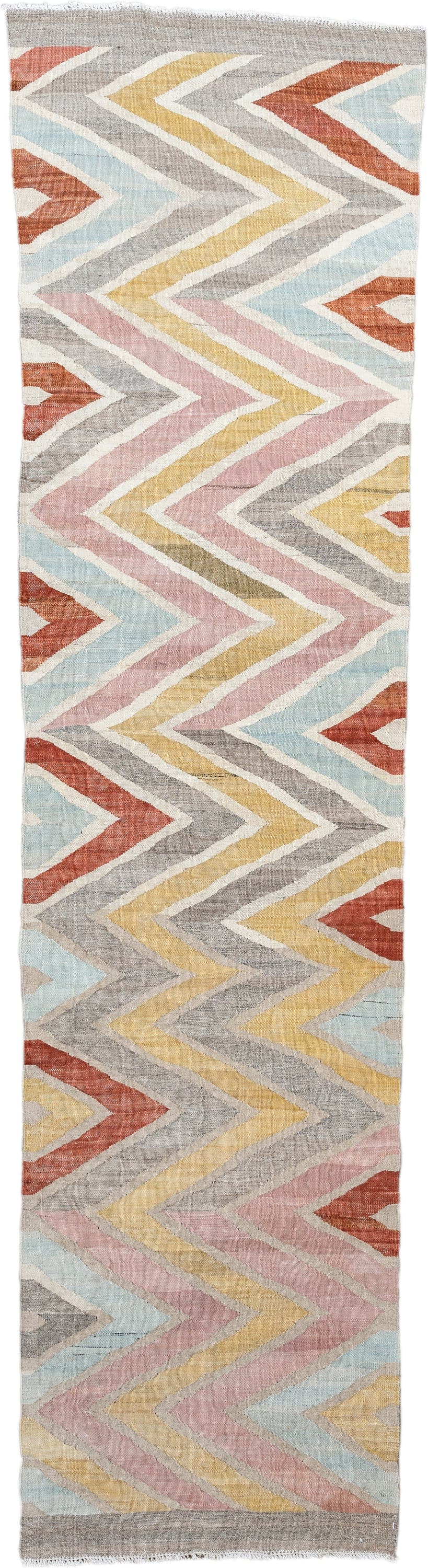 2' x 9' one-of-a-kind handmade vintage Kilim runner rug. Color palette: ivory, gray, blush, pale blue, butter yellow, rust
