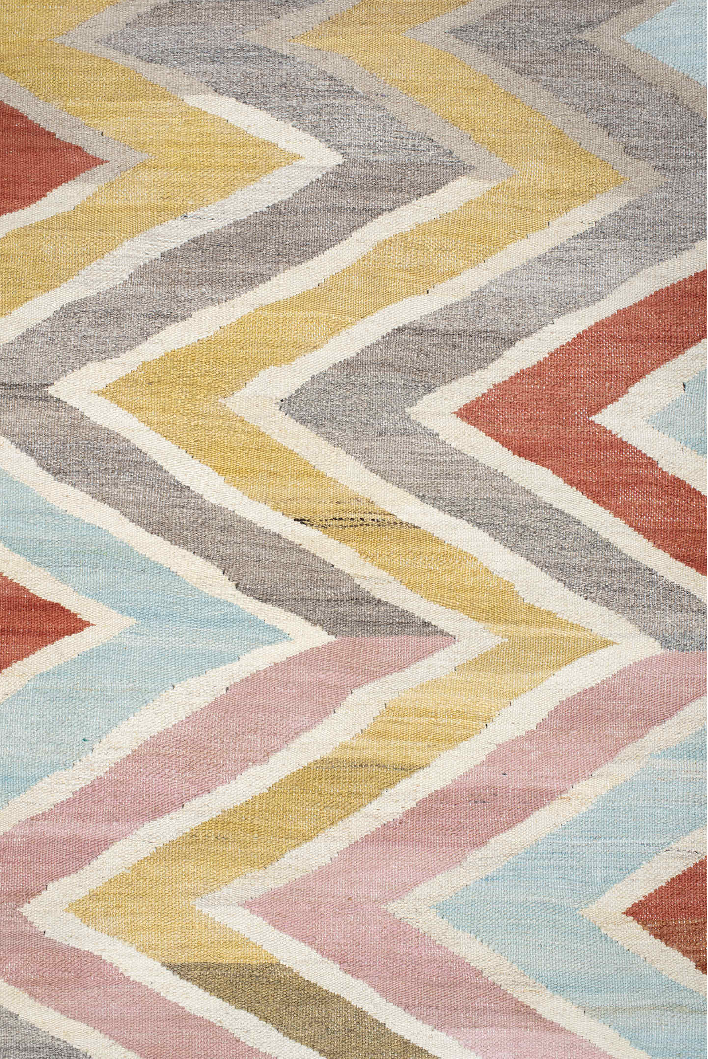 2' x 9' one-of-a-kind handmade vintage Kilim runner rug. Color palette: ivory, gray, blush, pale blue, butter yellow, rust