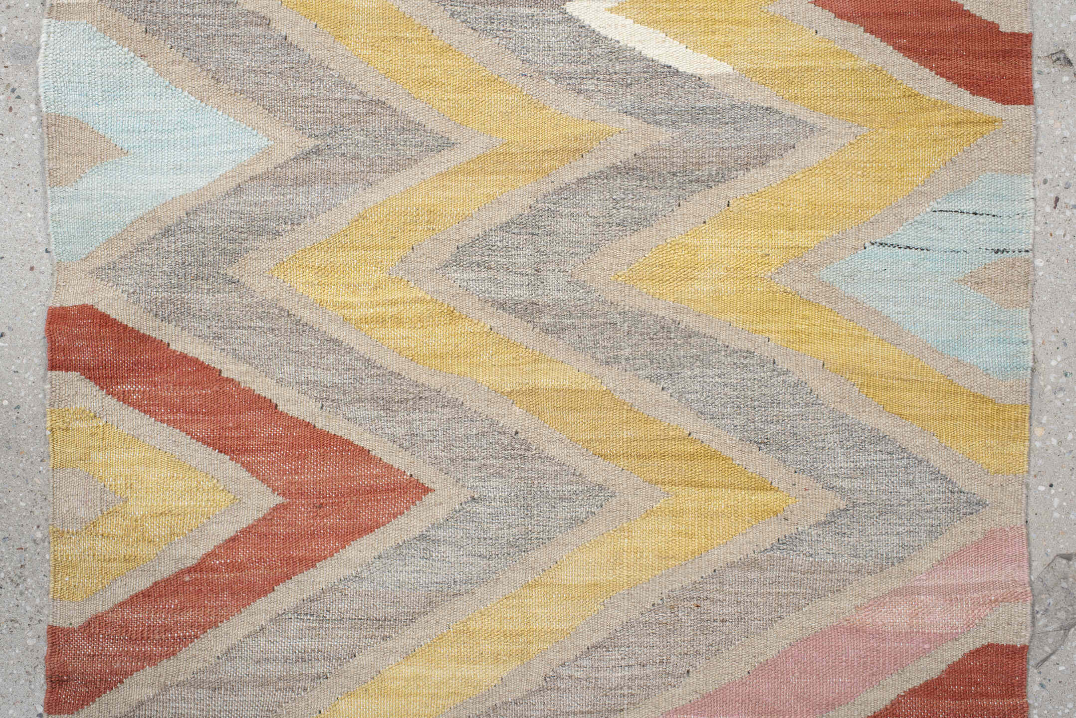 2' x 9' one-of-a-kind handmade vintage Kilim runner rug. Color palette: ivory, gray, blush, pale blue, butter yellow, rust