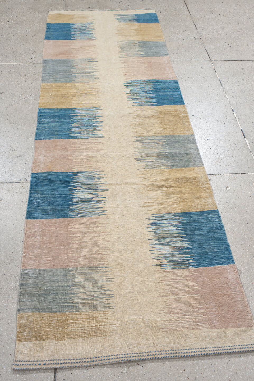 2' x 8' one-of-a-kind handmade vintage Kilim runner rug. Color palette: ivory, blue, sand, blush, pale_gray, beige, pink