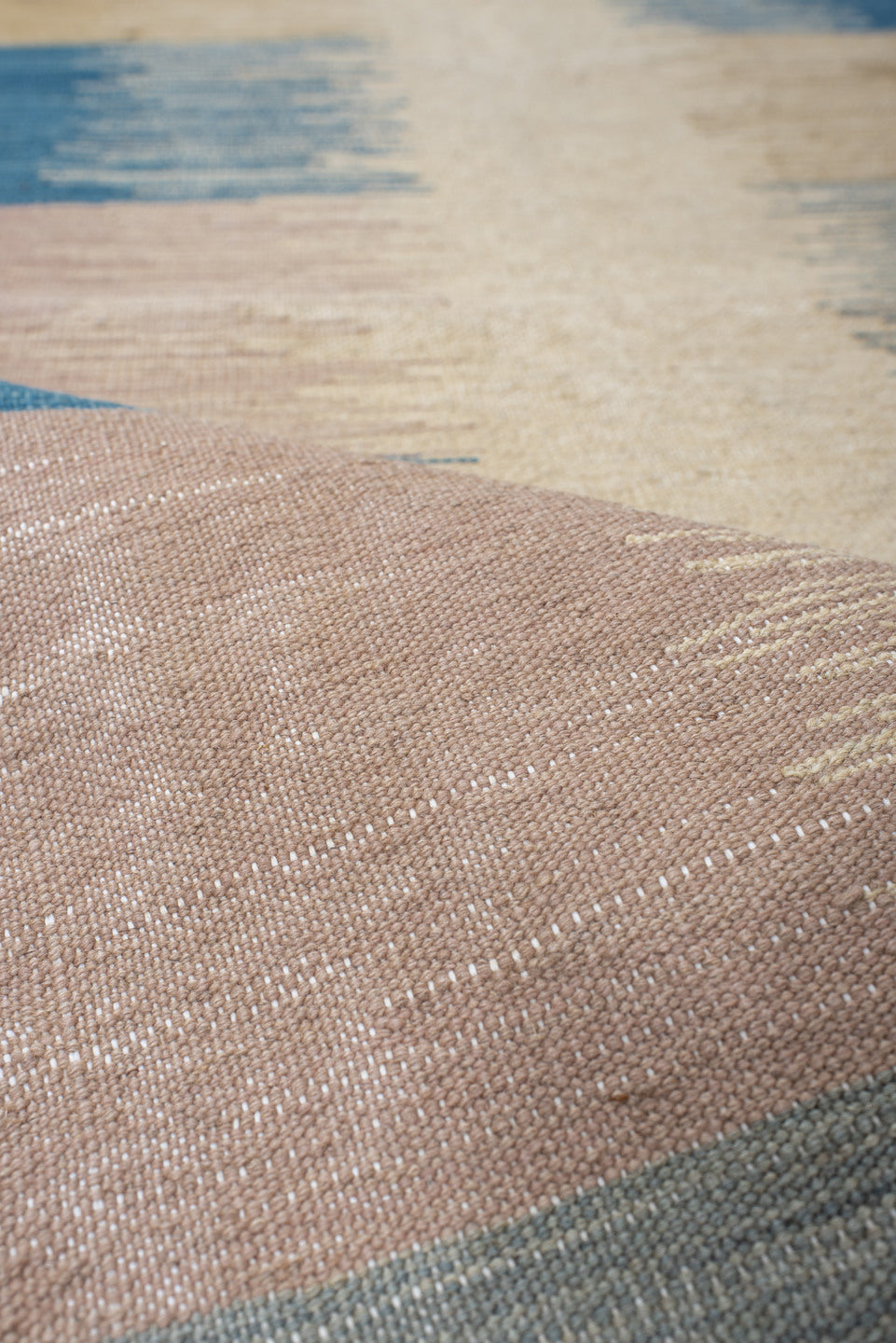 2' x 8' one-of-a-kind handmade vintage Kilim runner rug. Color palette: gray, off-white, pink, brown, blue, light gray