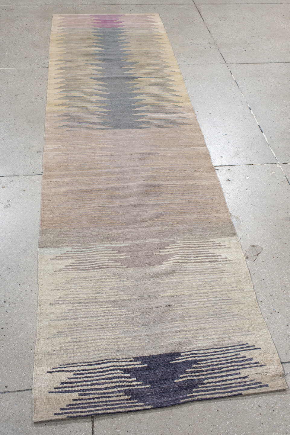 2' x 9' one-of-a-kind handmade vintage Kilim runner rug. Color palette: ivory, taupe, slate, lavender, charcoal, beige, gray
