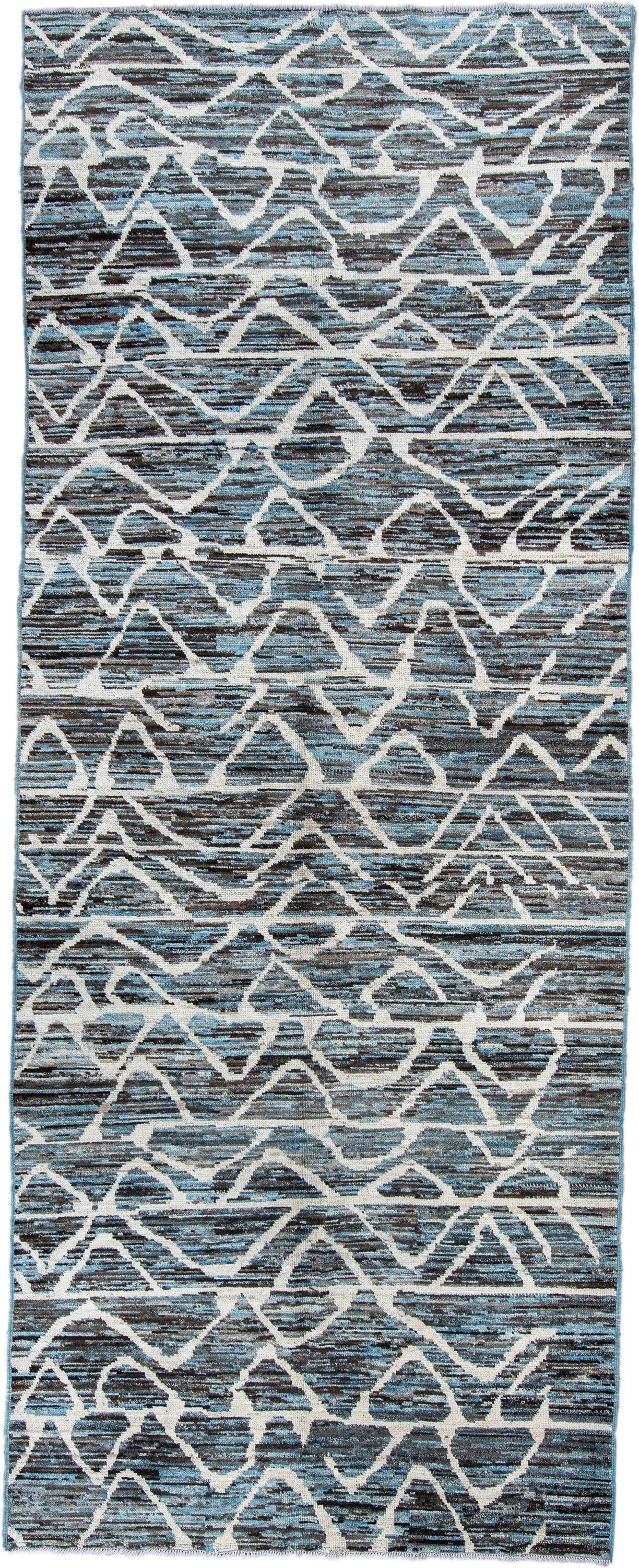 5' x 12' one-of-a-kind handmade vintage Tulu runner rug. Color palette: blue, charcoal, ivory, slate, gray, black