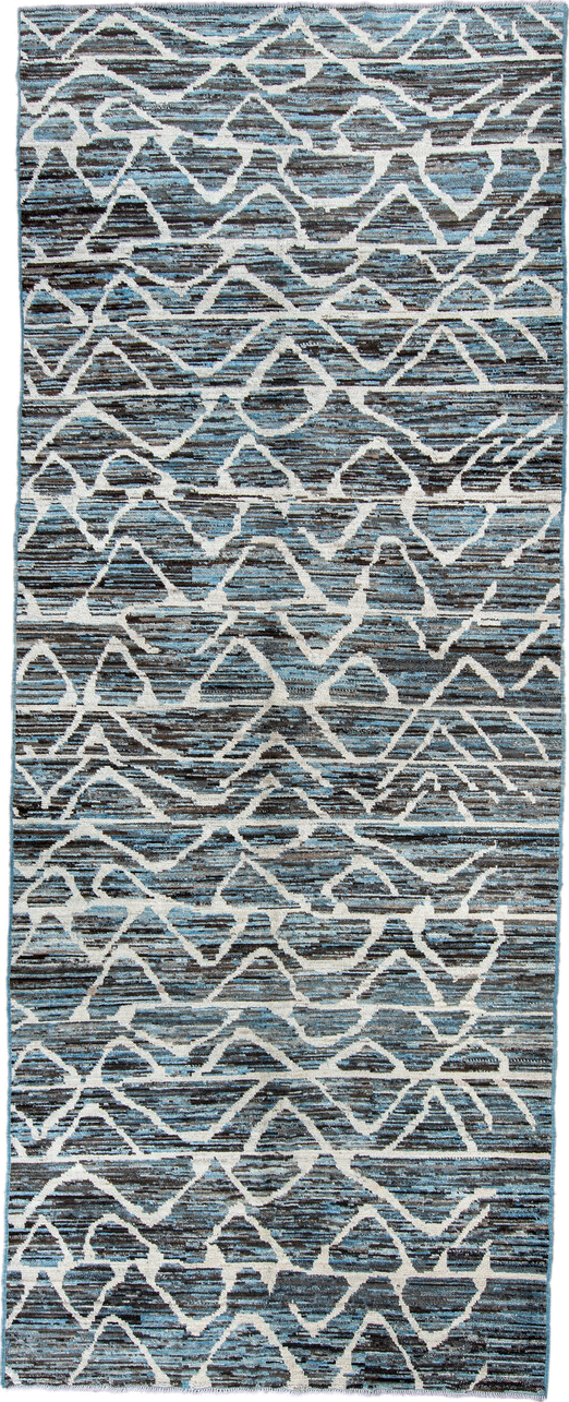 5' x 12' one-of-a-kind handmade vintage Tulu runner rug. Color palette: blue, charcoal, ivory, slate, gray, black