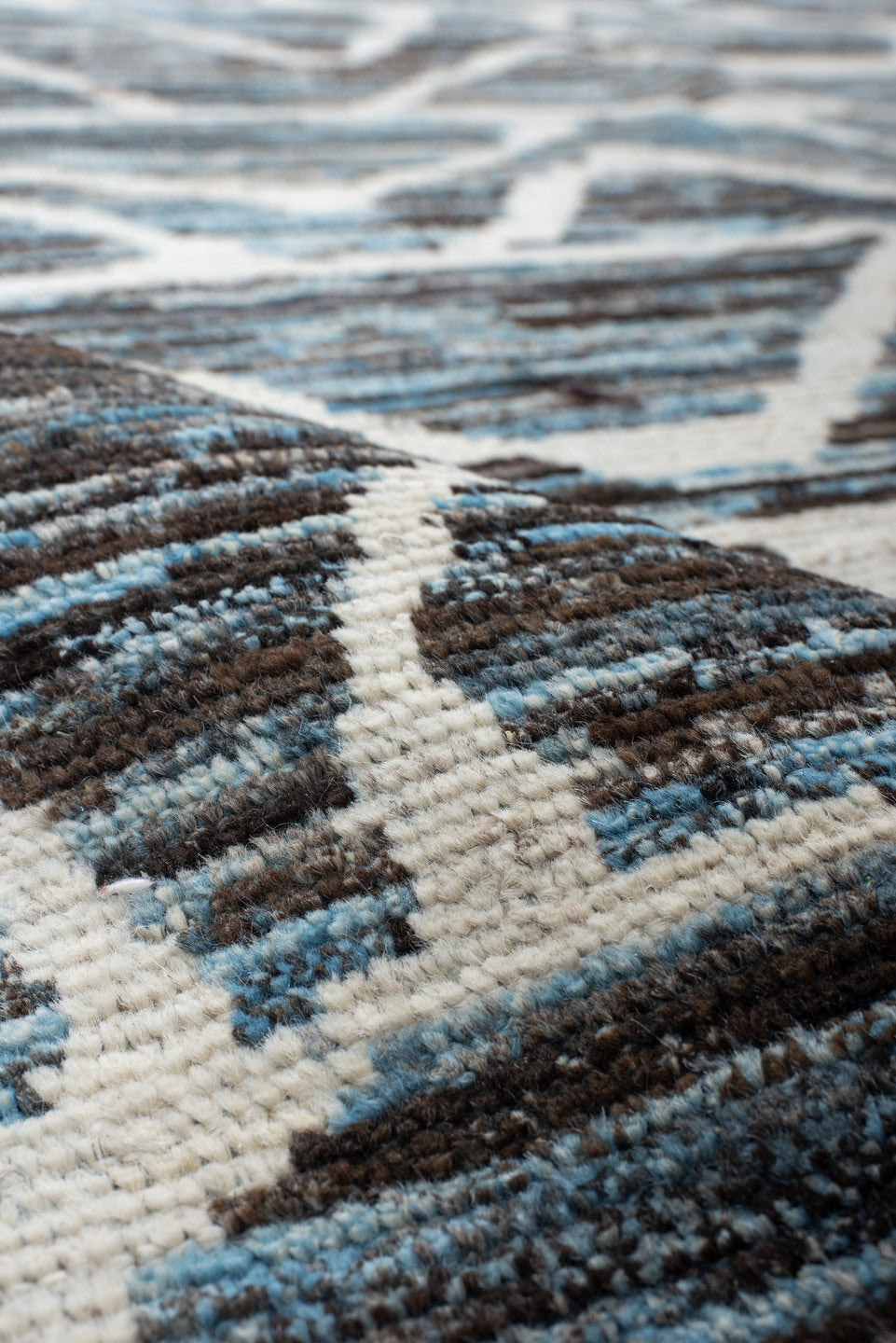 5' x 12' one-of-a-kind handmade vintage Tulu runner rug. Color palette: blue, charcoal, ivory, slate, gray, black